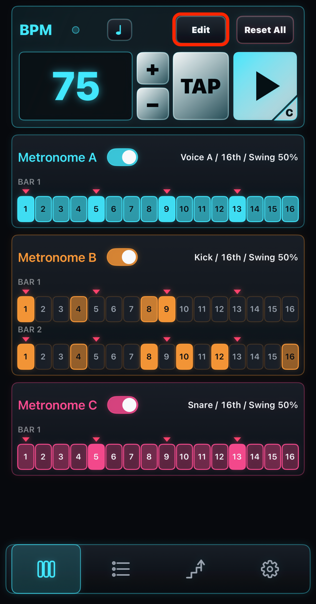 ViewモードでMetronome A/B/Cを一覧表示