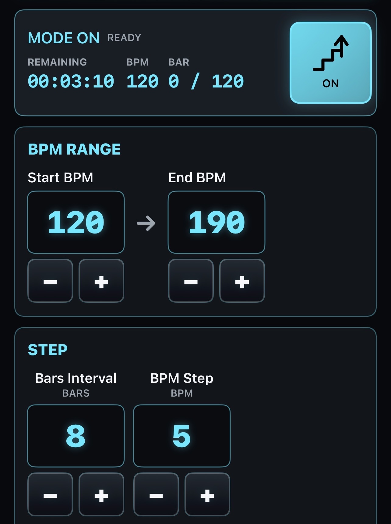 Stepメニュー設定例。BPM120から190まで、8小節ごとに5 BPMずつアップ。